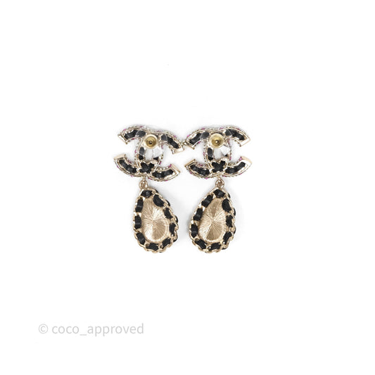 Chanel Pearl Black Leather Drop Crystal CC Earrings Gold Tone 21P