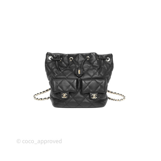 Chanel Double Pocket Black Bucket Bag Calfskin Gold Hardware