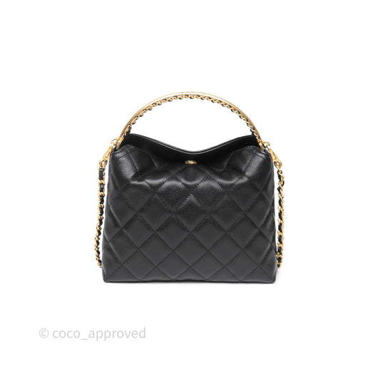 Chanel Metal Top Handle Clutch with Chain Black Caviar Aged Gold Hardware 24A