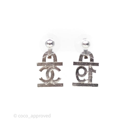 Chanel Crystal 19 CC Lock Earrings Silver Tone 22A