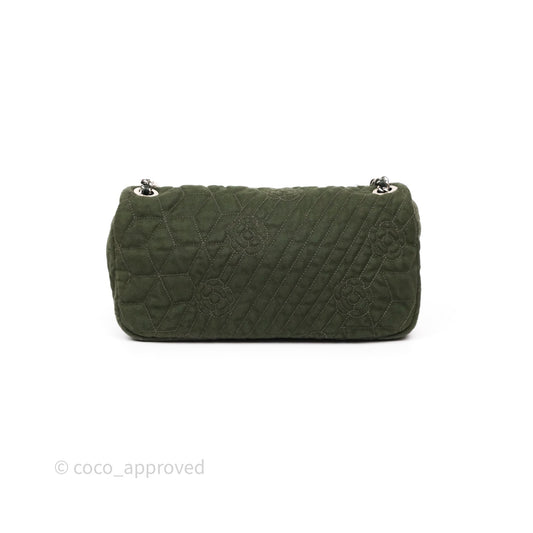 Chanel Camellia Flap Bag Army Green Denim Silver Hardware