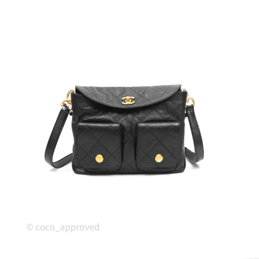 Chanel Double Pocket Hobo Bag Black Caviar Brushed Gold Hardware