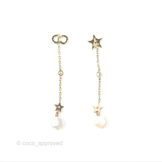 Christian Dior Crystal Pearl Shiny D Earrings Gold Tone