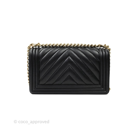 Chanel Boy Chevron Medium Black Lambskin Gold Hardware