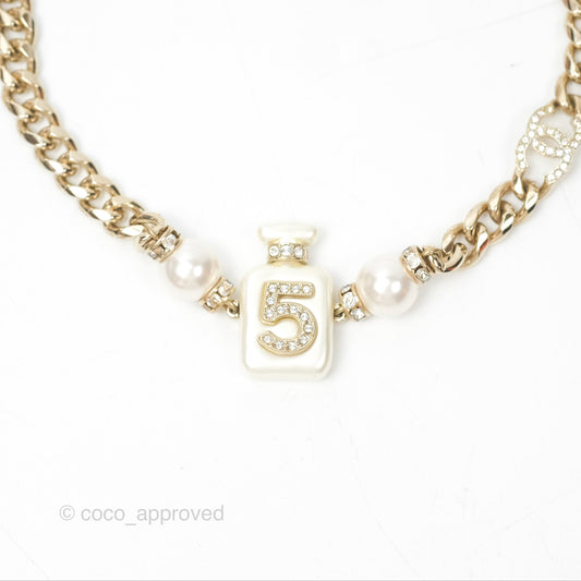Chanel No5 Perfume Bottle Crystal Pearl Chain Choker Necklace Gold Tone 22S