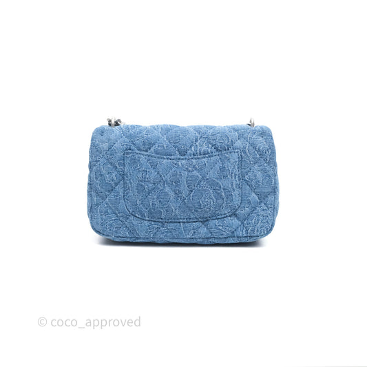Chanel Quilted Camellia Printed Heart Crush Mini Flap Bag Blue Denim Aged Silver Hardware