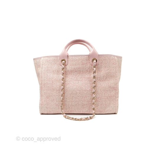 Chanel Large Deauville Tote Pink Woven Tweed Gold Hardware