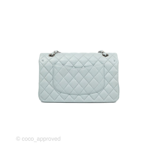 Chanel Classic M/L Medium Flap Quilted Light Grey Blue Caviar Silver Hardware