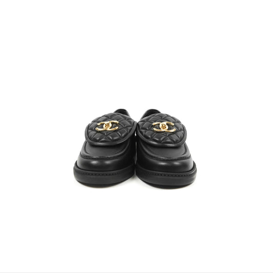 Chanel CC Turnlock Loafers Quilted Black Calfskin Gold Hardware Size 37.5