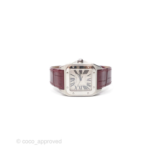 Cartier Santos-Dumont Automatic Steel Watch Burgundy Alligator-skin Strap