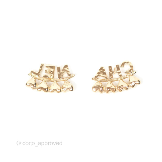Chanel Crystal CHA-NEL Heart Earrings Gold Tone 23P