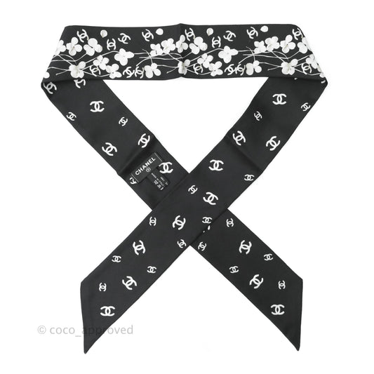 Chanel CC Flora Print Silk Twilly in Black White