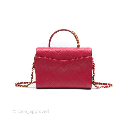 Chanel Quilted Flap Bag with Pearl Logo Top Handle Red Lambskin Aged Gold Hardware