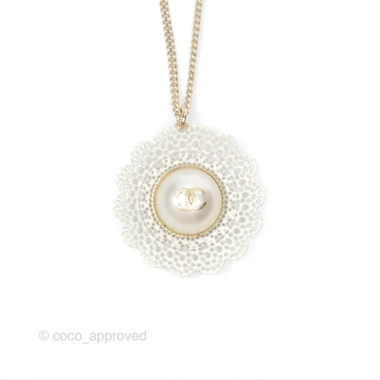 Chanel Pearl CC Lace Flower Necklace Gold Tone 15K