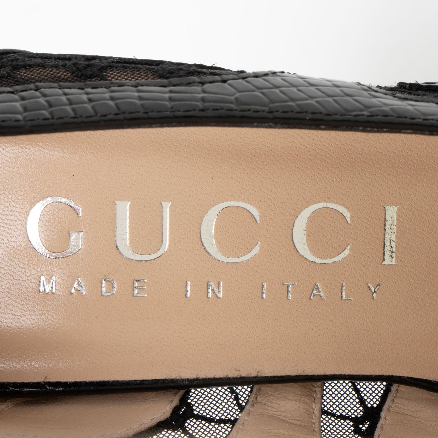 Gucci Snake Embossed Leather Lace Pumps - Size 7.5 / 37.5