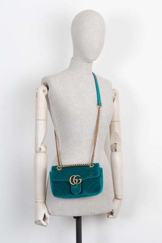 Luxury Gucci Trending 2025 GG Marmont Bag Mini Velvet Turquoise