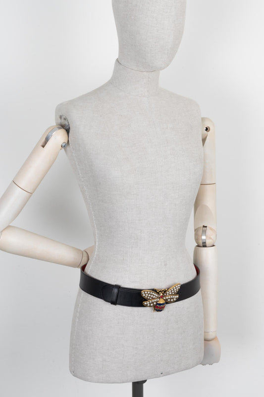 Luxury Gucci Trending 2025 Bee Pearl Belt Leather Black