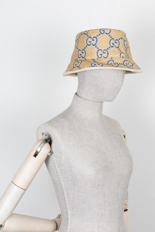 Luxury Gucci Trending 2025 GG Bucket Hat Raffia Beige Blue