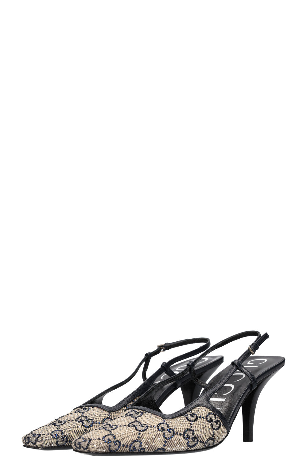 Luxury Gucci Trending 2025 Slingback Heels Crystal GG Canvas Blue
