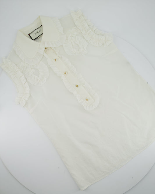 Luxury Gucci White Ruched Short Sleeve Blouse with Pearl GG Detailing IT 38 (UK 6)