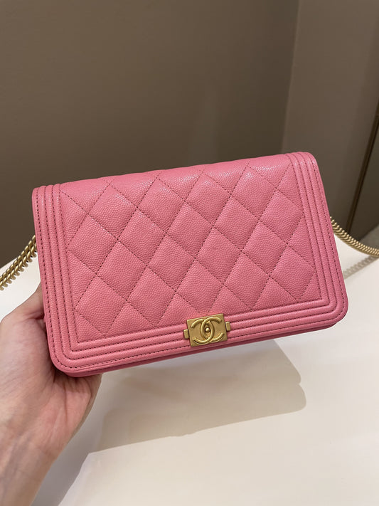 Luxury Chanel Quilted Boy Wallet On Chain Pink Caviar