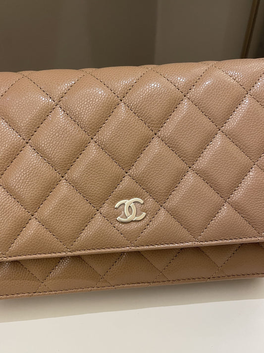 Luxury Chanel Classic Quilted Wallet on Chain Dark Nude Beige Caviar