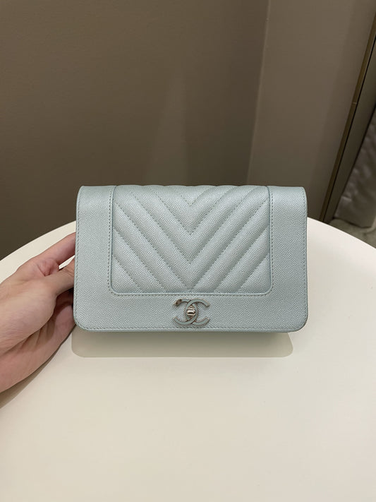 Luxury Chanel Mademoiselle Wallet On Chain Blue Iridescent Caviar