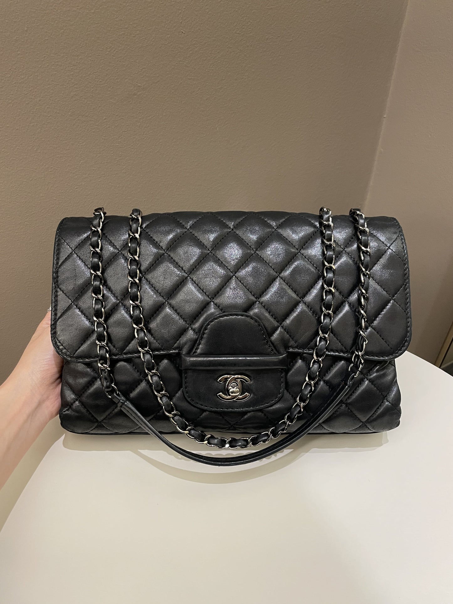 Luxury Chanel Quilted Jumbo Coco Loop Flap Black Lambskin