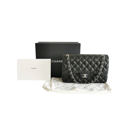 Luxury Chanel Classic Double Flap Jumbo Black Lambskin Silver