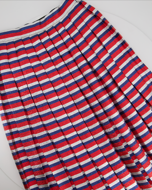 Luxury Gucci Metallic Red, Navy, Silver Stripe Pleated Midi Skirt Size IT 42 (UK 10)