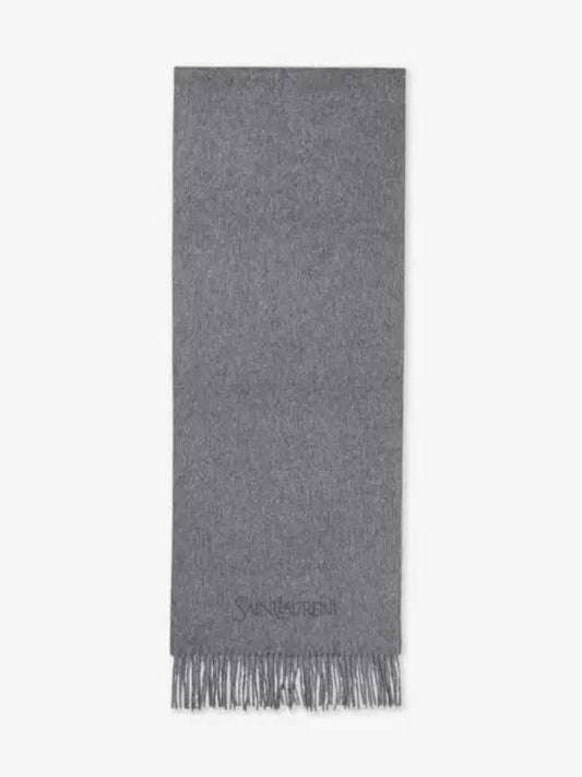 Luxury Saint Laurent Logo Embroidered Cashmere Muffler Graphite