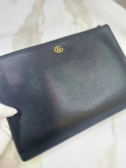 Luxury Gucci Trending 2025 GG Marmont Pouch Leather Black Gold Plated 475317