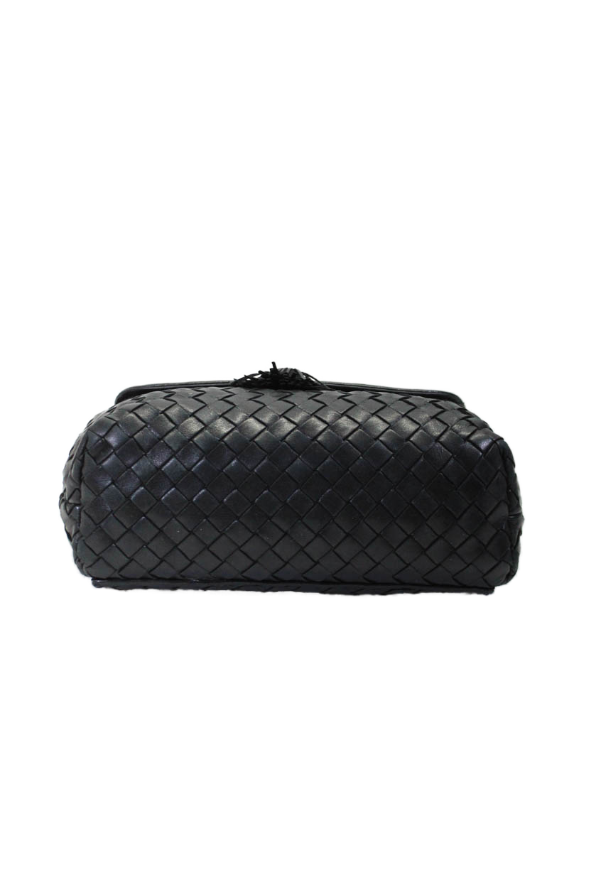 Luxury Bottega Veneta Womens Knotted Strap Nappa Intrecciato Crossbody Handbag Black
