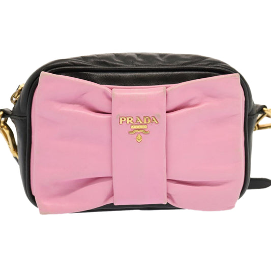Luxury PradaRibbon Shoulder Bag Leather Pink Black am6034