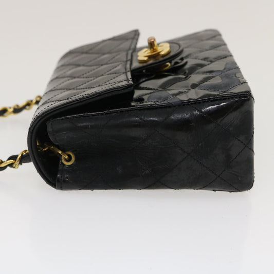 CHANEL Mini Matelasse Chain Flap Shoulder Bag Enamel Black Gold CC ar6839A