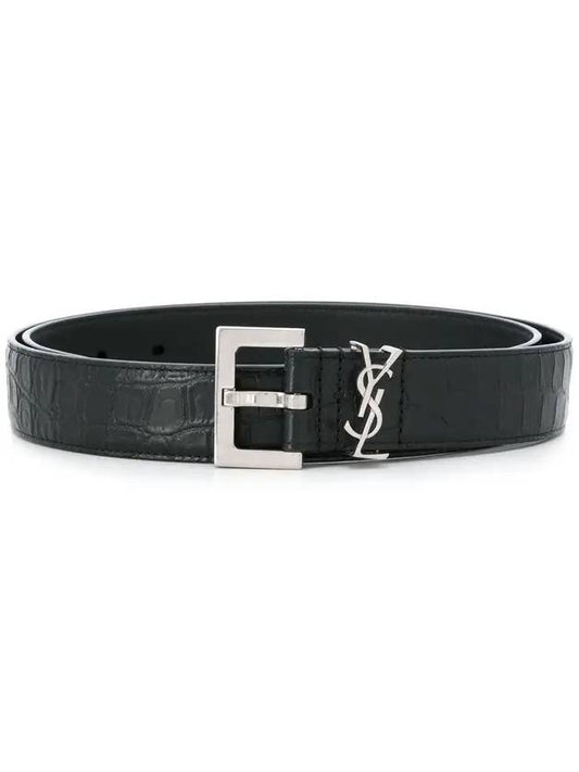 Luxury Saint Laurent Monogram Crocodile Leather Belt Black