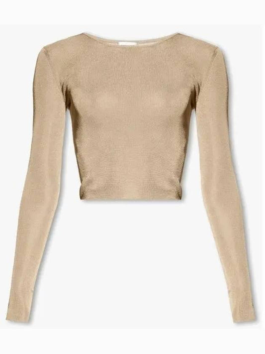 Luxury Saint Laurent Rib Detail Viscose Crop Long Sleeve T-Shirt Beige