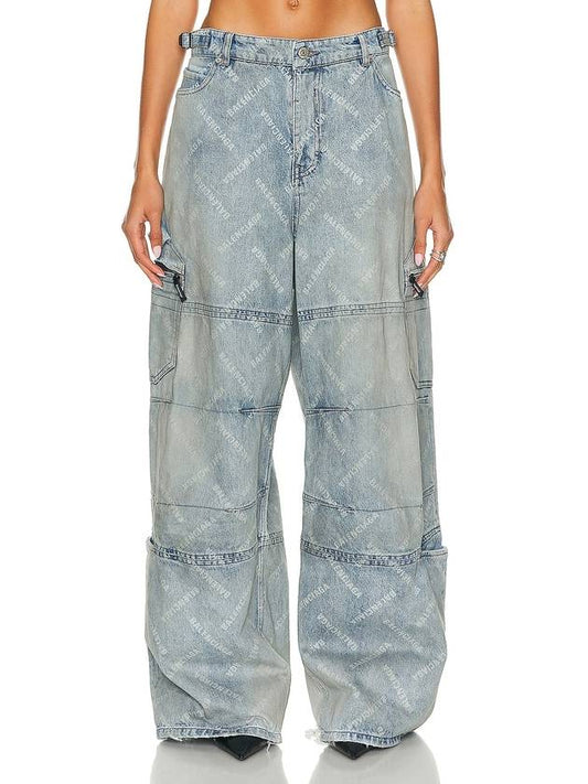 Luxury Balenciaga Bal Diagonal Allover Cargo Wide Jeans Blue