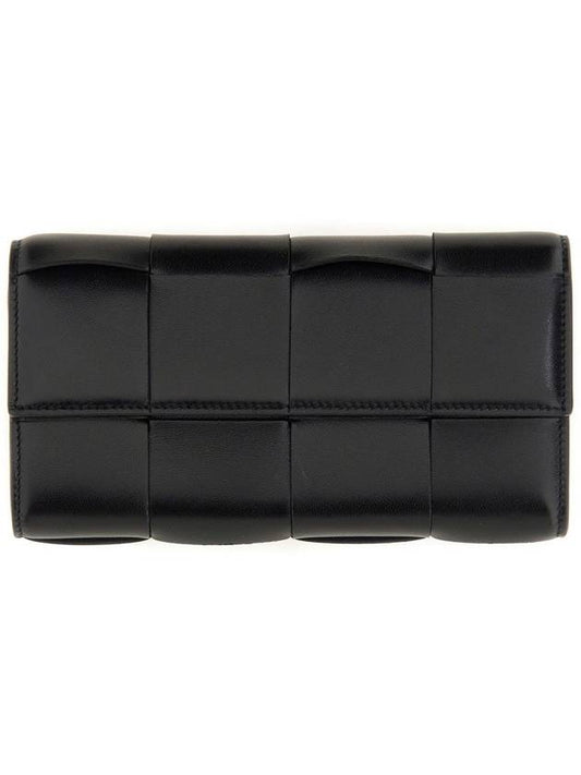 Luxury Bottega Veneta Cassette Flap Leather Long Wallet Black