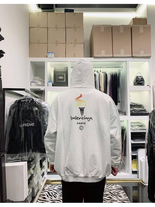 Luxury Balenciaga Embroidered Flame Logo Hoodie White