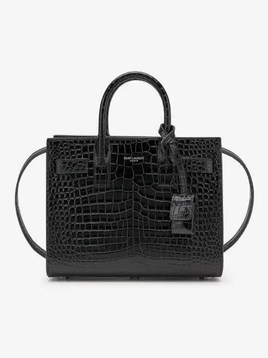 Luxury Saint Laurent Sac De Jour Nano in Embossed Crocodile Shiny Leather Tote Bag Black
