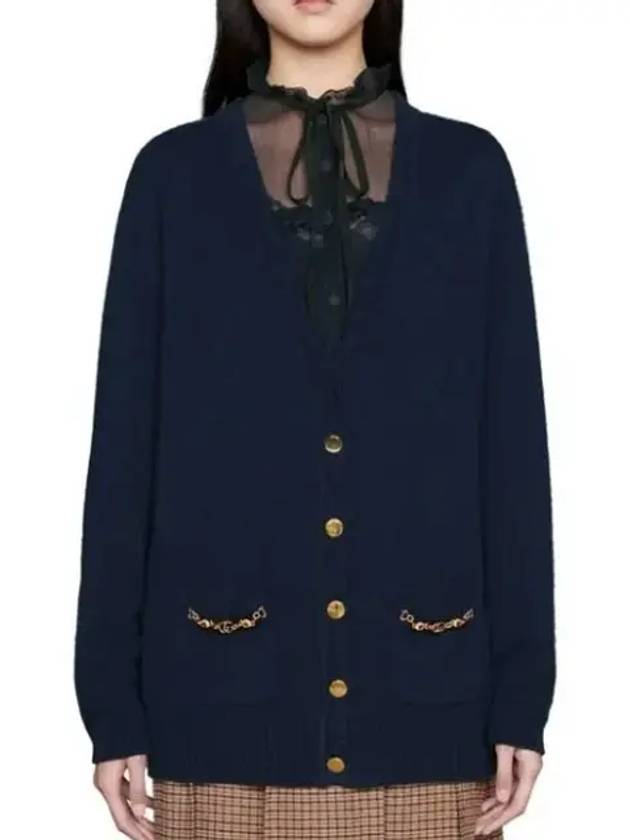 Luxury Gucci Trending 2025 Women's Chain Embellished Cashmere Cardigan Blue