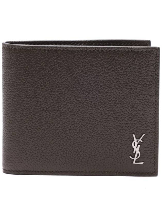 Luxury Saint Laurent Tiny Cassandre Logo Plaque Half Wallet Khaki