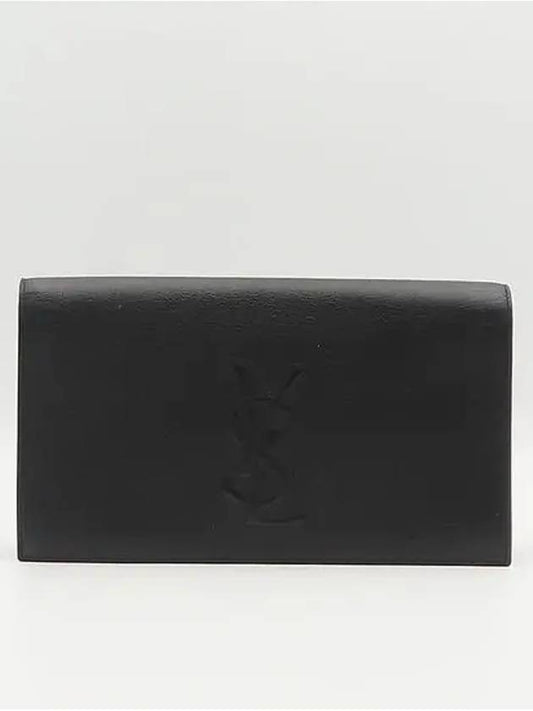 Luxury Saint Laurent YSL Yip 361120 Black Leather Stitched Logo Flap Clutch