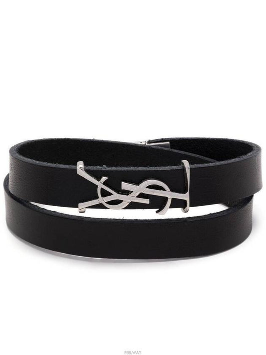 Luxury Saint Laurent Silver Logo Leather Bracelet Black