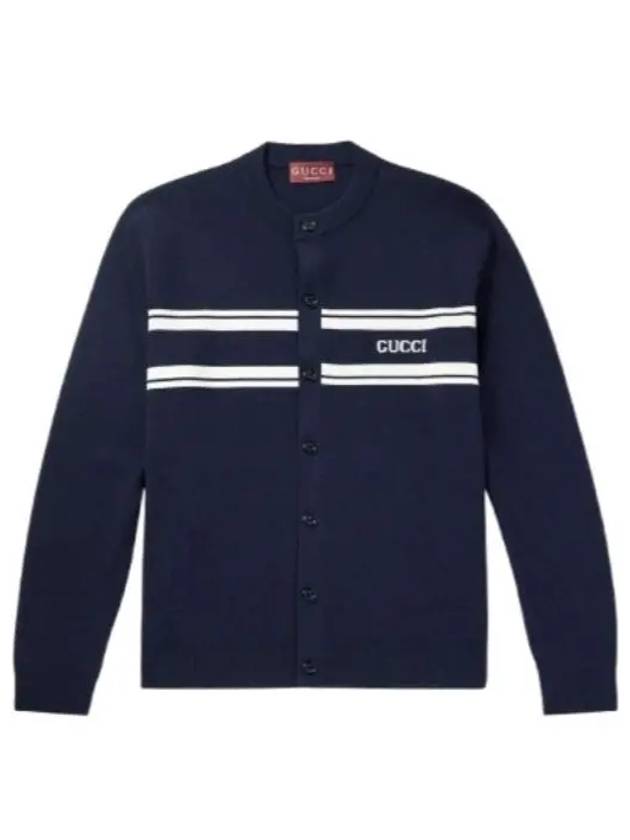 Luxury Gucci Trending 2025 Striped Logo Crew Neck Wool Cashmere Cardigan Navy