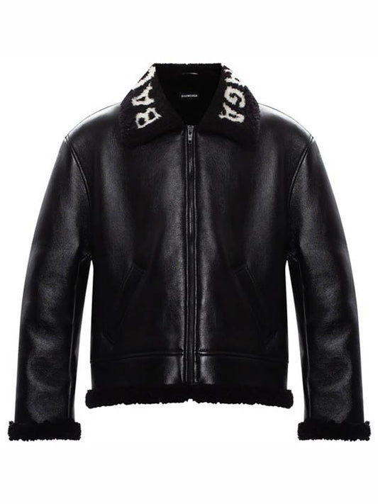 Luxury Balenciaga Logo Shearling Collar Leather Jacket Black