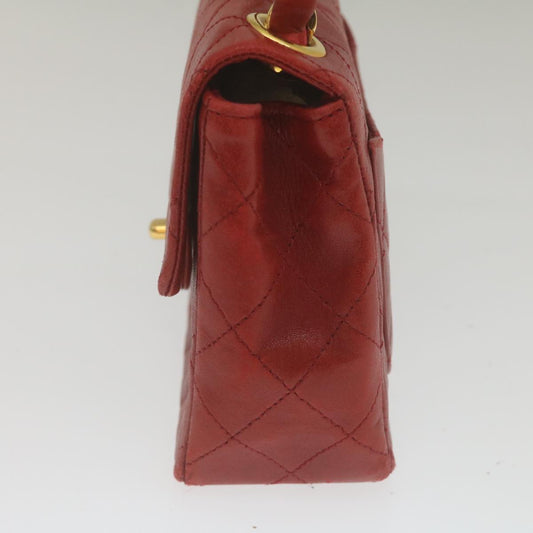 CHANEL Mini Matelasse Chain Flap Hand Bag Lamb Skin Red Gold CC hs688A