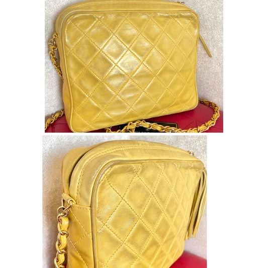 Luxury Chanel Vintage yellow lambskin camera type chain shoulder bag with collar flap design