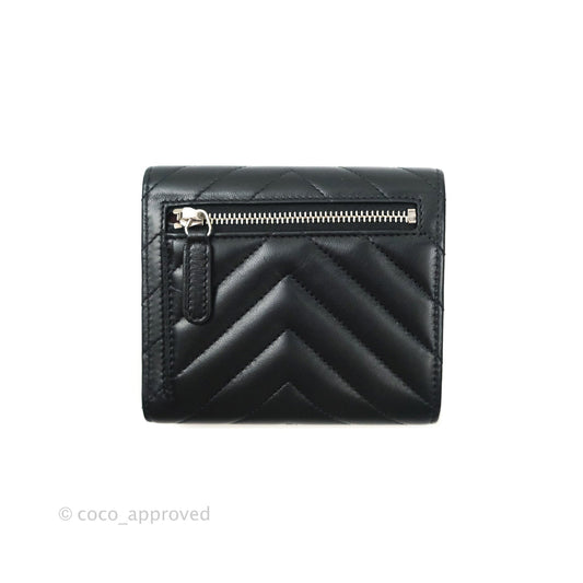Chanel Chevron Small Compact Wallet Black Lambskin Silver Hardware